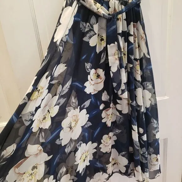 Navy Floral Tie-Waist Sheer Layer Skirt