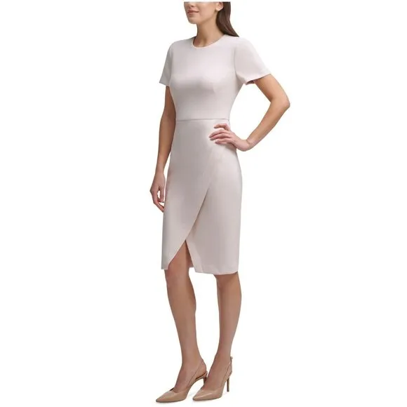 NEW Calvin Klein Faux Suede Wrap Short Sleeve Knee Length Sheath Dress