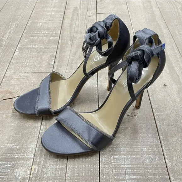 New Gray Satin Ankle Lace Up Stiletto Frayed Open Toe Strap Arielle Heel