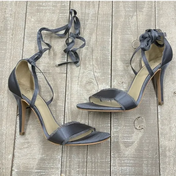 New Gray Satin Ankle Lace Up Stiletto Frayed Open Toe Strap Arielle Heel