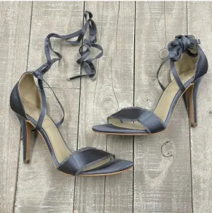New Gray Satin Ankle Lace Up Stiletto Frayed Open Toe Strap Arielle Heel