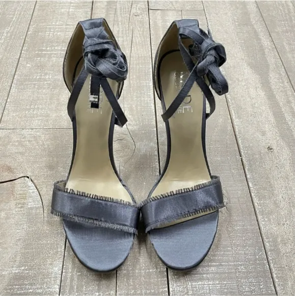 New Gray Satin Ankle Lace Up Stiletto Frayed Open Toe Strap Arielle Heel