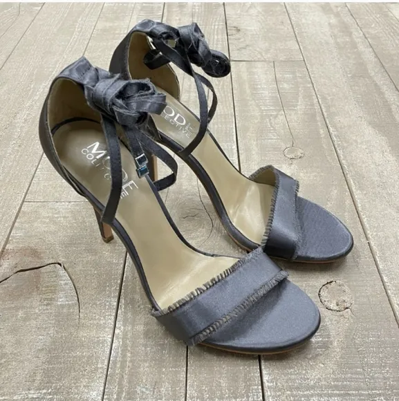 New Gray Satin Ankle Lace Up Stiletto Frayed Open Toe Strap Arielle Heel