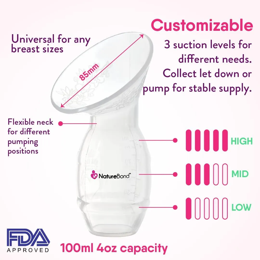 NEW NatureBond Silicone Breast Pump with lid, Stopper, Strap, Pouch. Breastfeeding Essential Premium All in 1 Set. 3.4oz 100ml (Premium All-in-ONE)