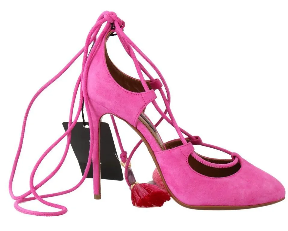Pink Suede Tassel Ankle Strap Pumps