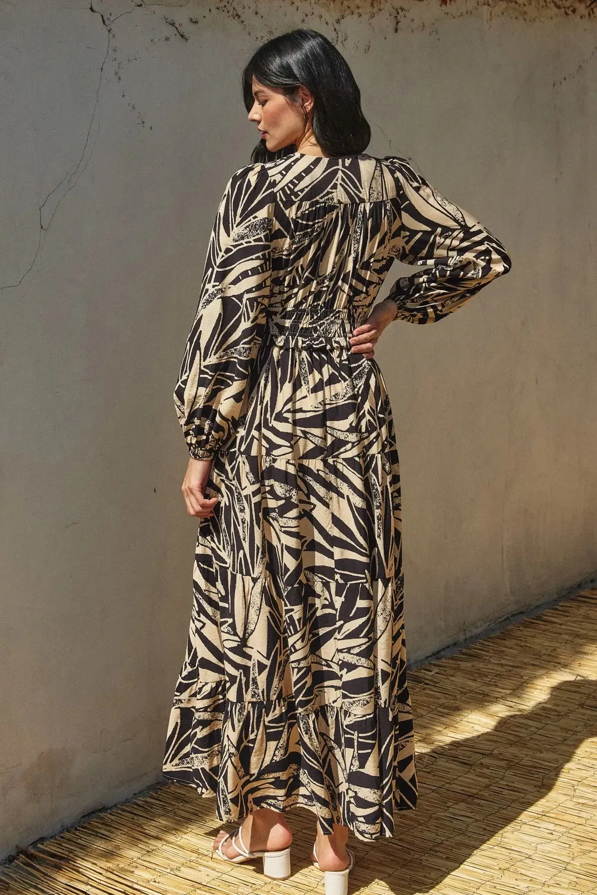 PLUNGING TIERED MAXI DRESS WITH SLEEVES