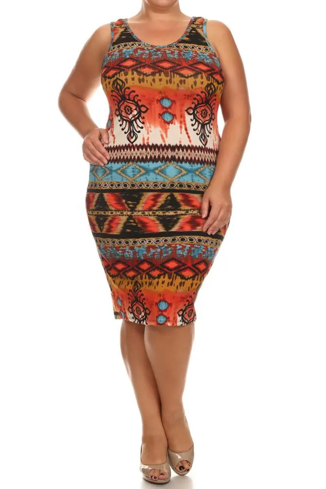 Plus Size Breezy Tribal Print Midi Blue Dress