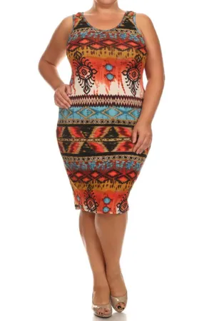 Plus Size Breezy Tribal Print Midi Blue Dress