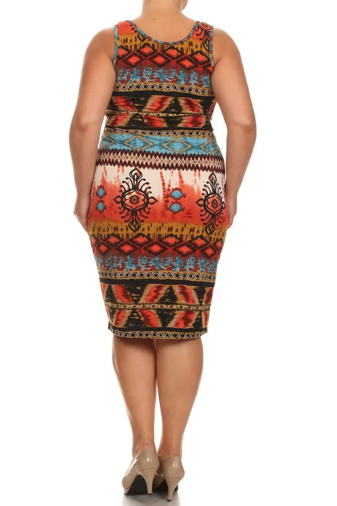 Plus Size Breezy Tribal Print Midi Blue Dress