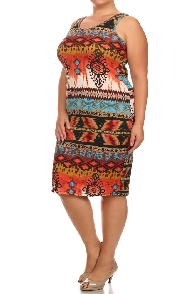 Plus Size Breezy Tribal Print Midi Blue Dress