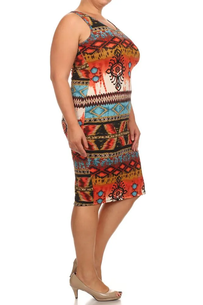 Plus Size Breezy Tribal Print Midi Blue Dress