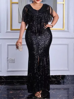 Plus Size Wedding Party Dress Women's Sexy Slim Sequin Tassel Prom Dresses Fashion Elegant Evening Gown