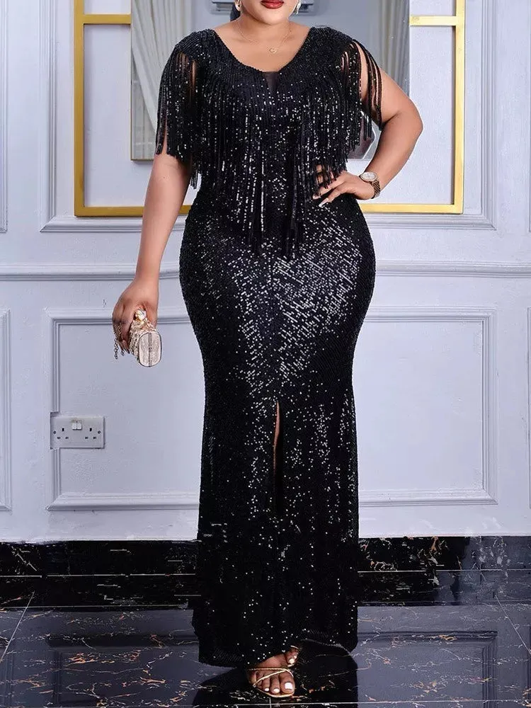 Plus Size Wedding Party Dress Women's Sexy Slim Sequin Tassel Prom Dresses Fashion Elegant Evening Gown