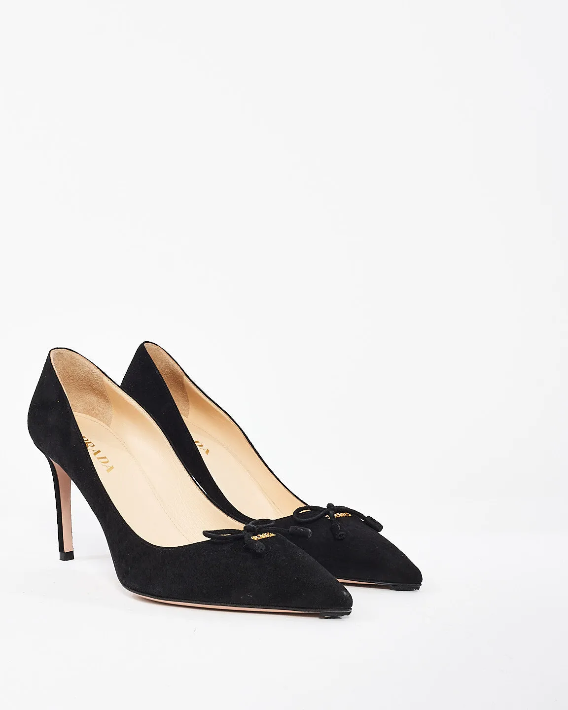 Prada Black Suede Logo Point Toe Pumps- 39