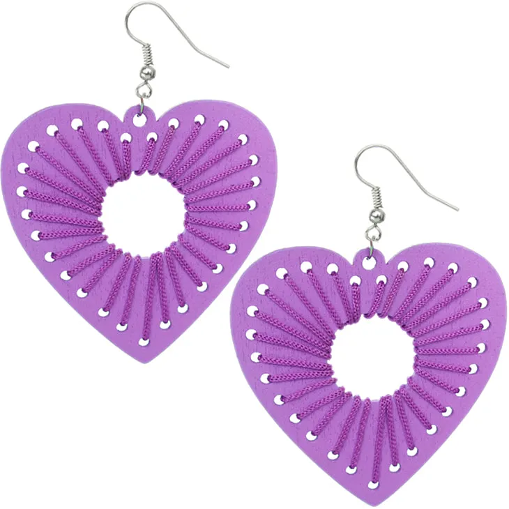 Purple Wooden Woven Heart Earrings