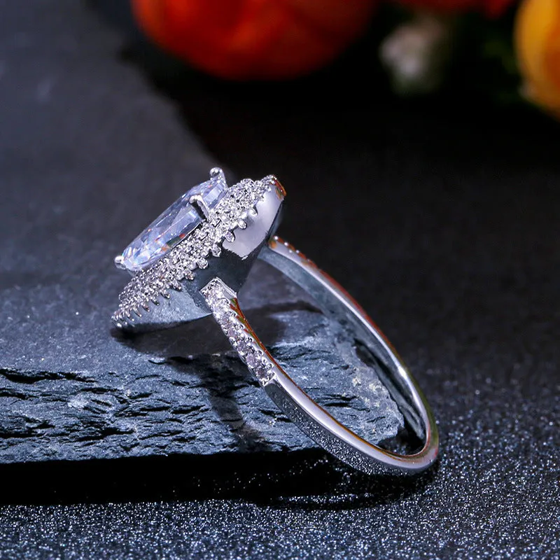 Rhinestone Water Drop Shape Silver Ring
