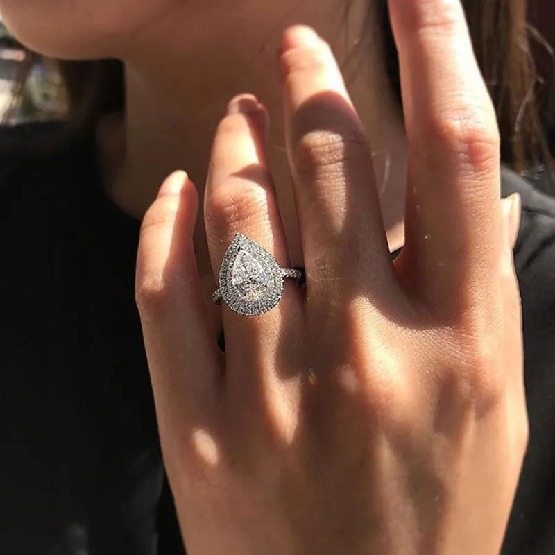Rhinestone Water Drop Shape Silver Ring