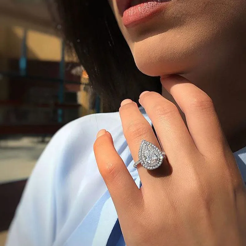 Rhinestone Water Drop Shape Silver Ring
