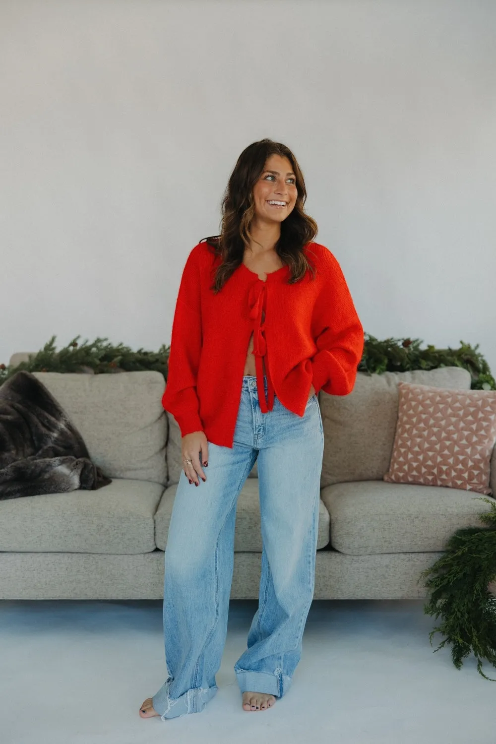 Rosie Tie Front Fuzzy Red Cardigan (S-3XL)