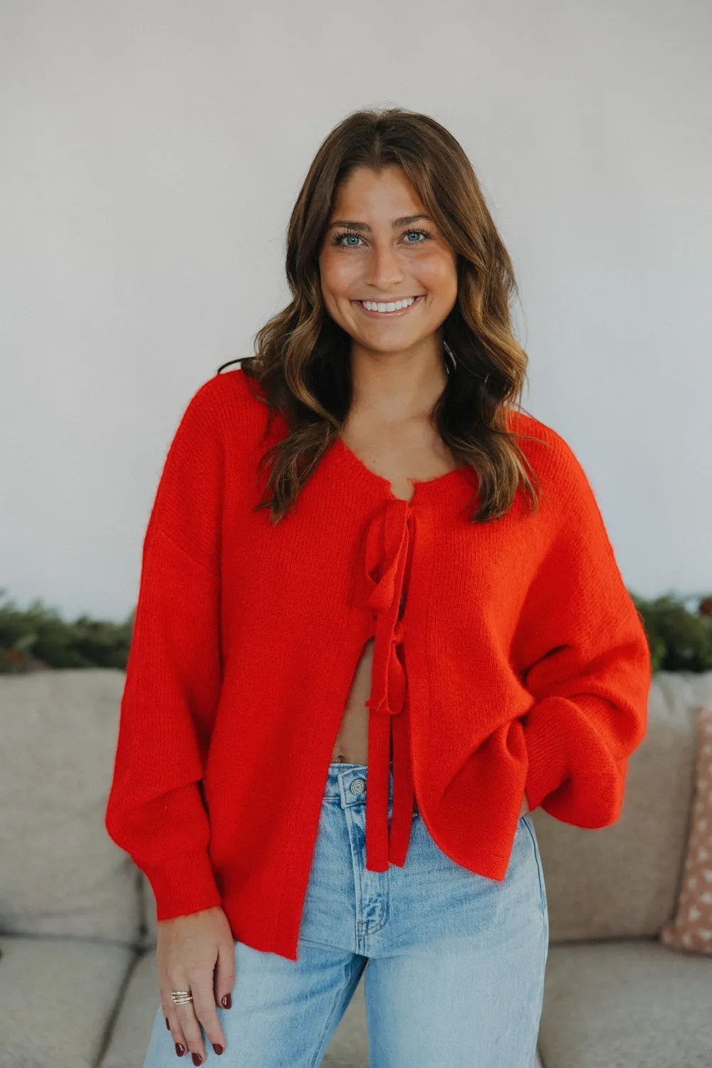 Rosie Tie Front Fuzzy Red Cardigan (S-3XL)