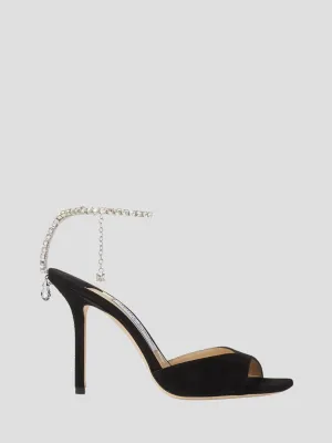 Saeda Sandal 100mm Black Suede Sandals with Crystal Embellishment