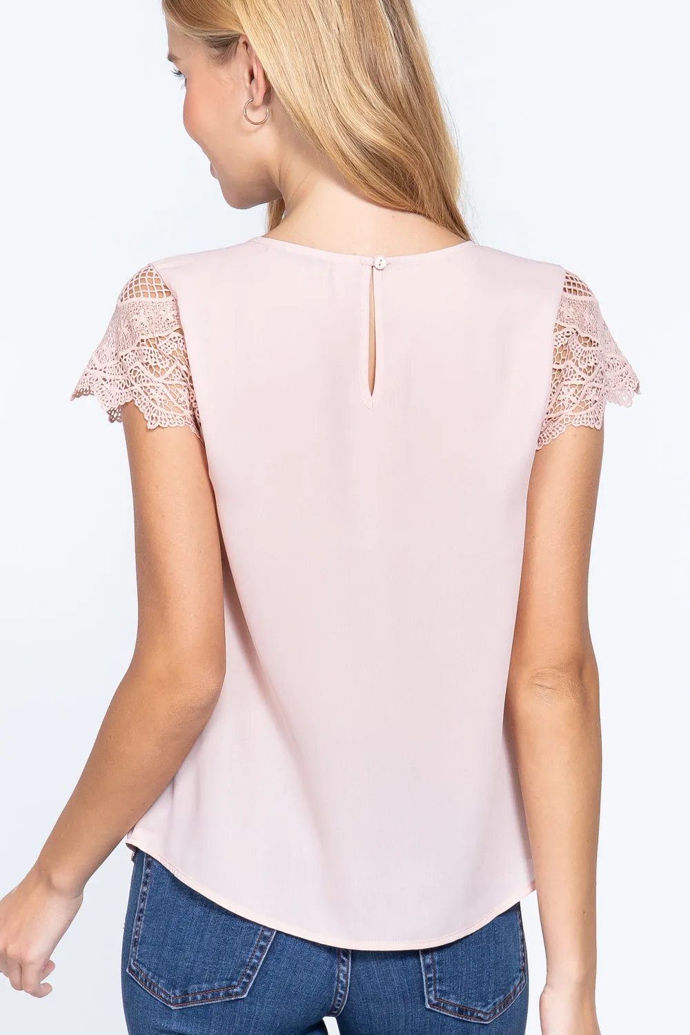 Scallop Lace Slv Woven Top