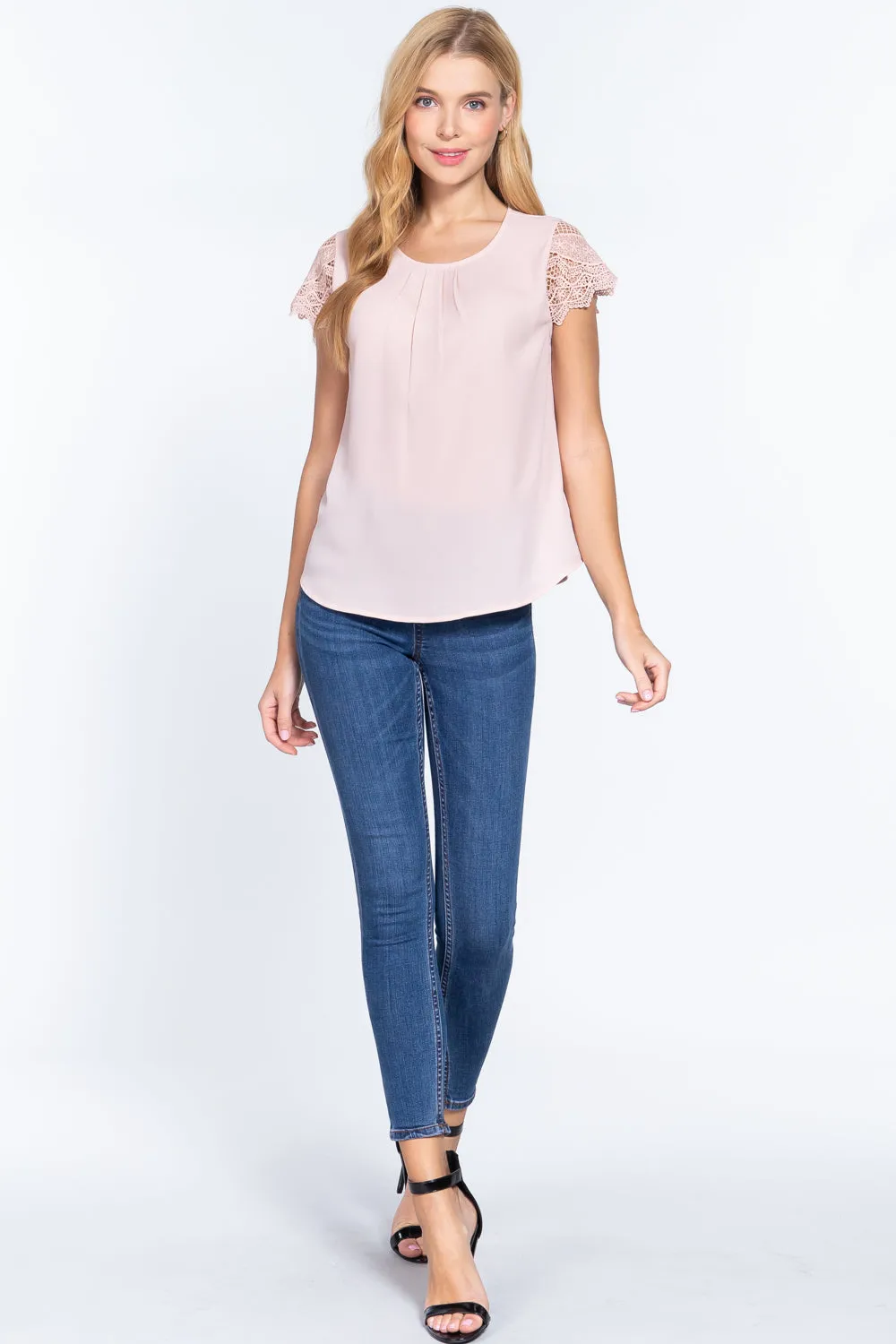 Scallop Lace Slv Woven Top