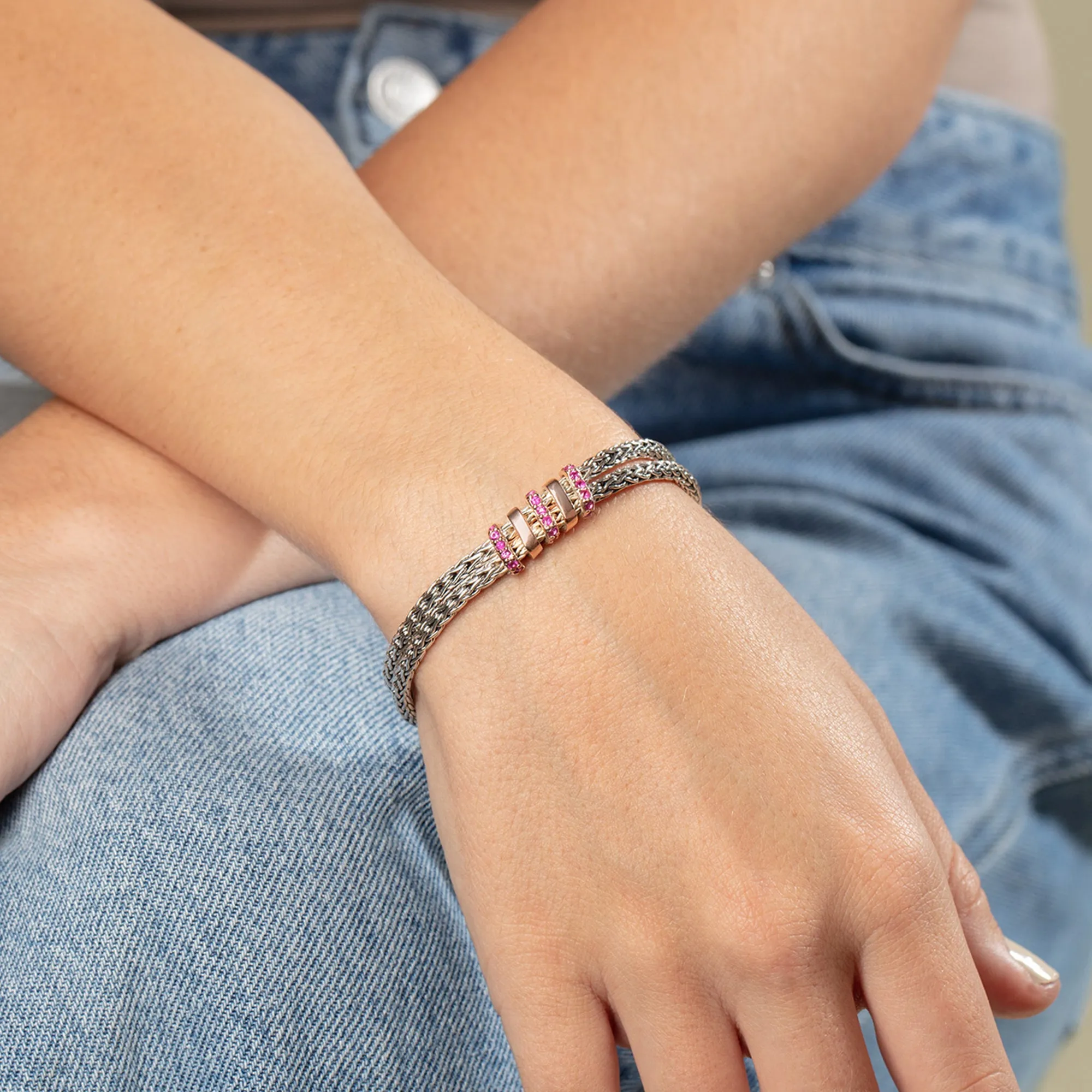 Silver and Pink Sapphire Double Woven Spiral Bracelet