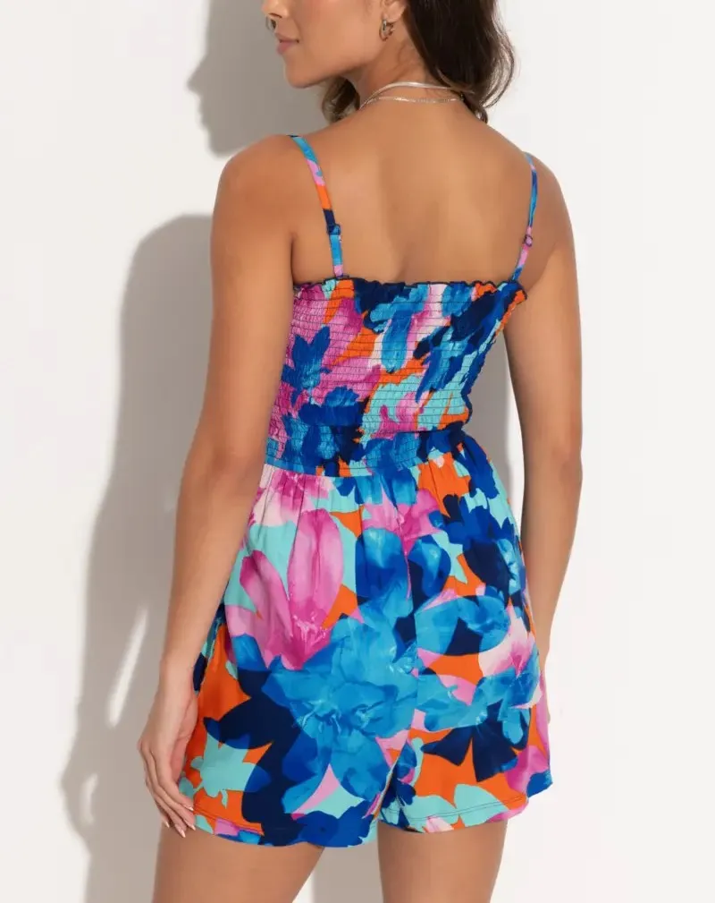 Strapless Shirred Bodice Beach Playsuit In Aqua Floral - Pour Moi