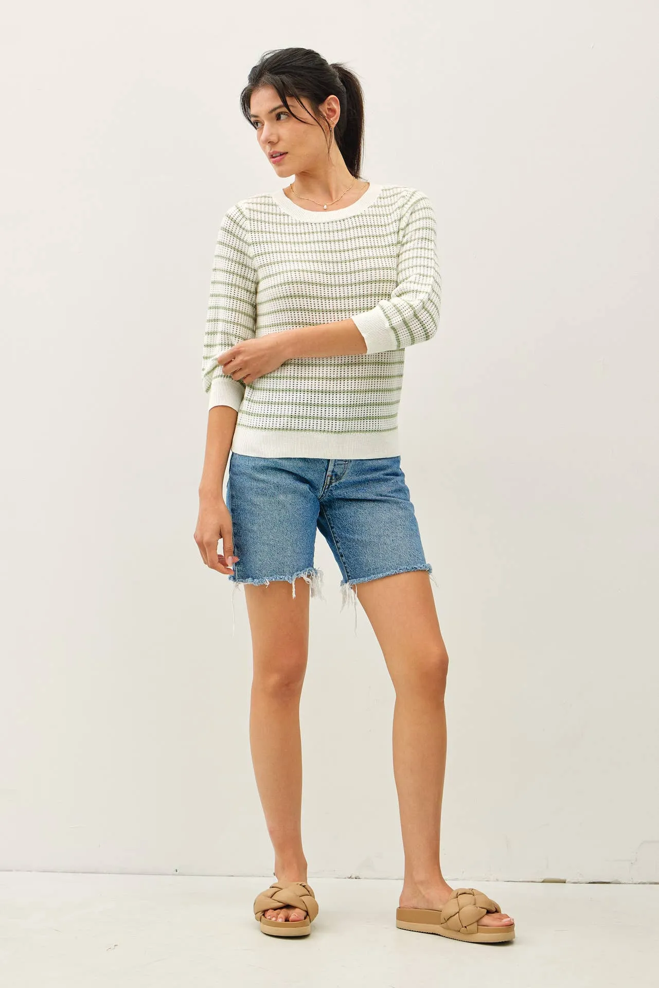 STRIPED 3/4 SLEEVE SWEATER