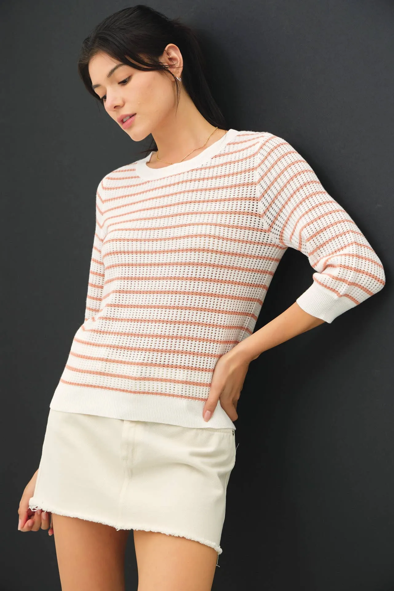 STRIPED 3/4 SLEEVE SWEATER