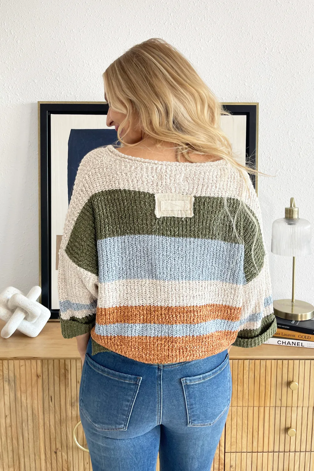 Striped Notched Collar 3/4 Sleeve Sweater