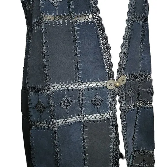Vintage 1970s Black Long Suede Patchwork Leather Vest Black Bohemian
