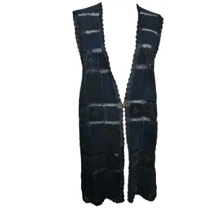Vintage 1970s Black Long Suede Patchwork Leather Vest Black Bohemian
