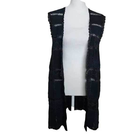 Vintage 1970s Black Long Suede Patchwork Leather Vest Black Bohemian