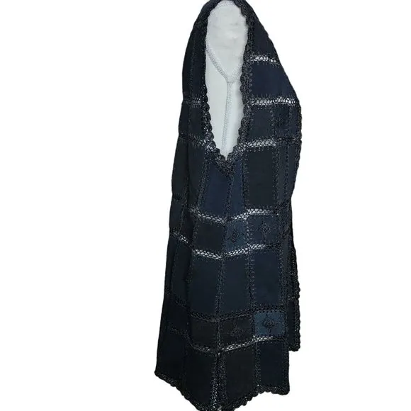 Vintage 1970s Black Long Suede Patchwork Leather Vest Black Bohemian