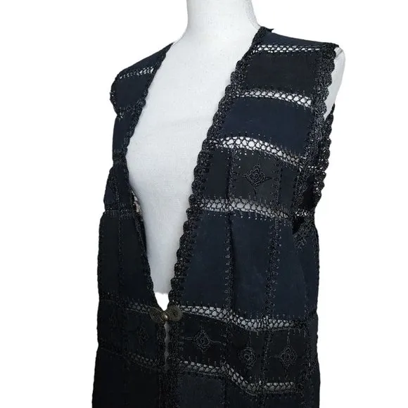 Vintage 1970s Black Long Suede Patchwork Leather Vest Black Bohemian