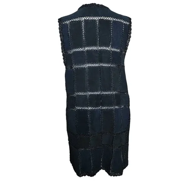 Vintage 1970s Black Long Suede Patchwork Leather Vest Black Bohemian
