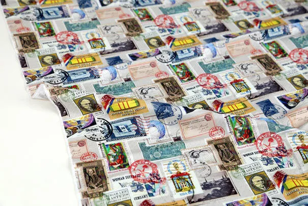 Vintage Postal Stamps Cotton Fabric, Digital Printing - Fabric By the Yard /91993