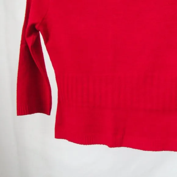 VINTAGE Red Fur Collar Knit Sweater Cropped 3/4 Sleeves Real Rabbit Fur Size-M