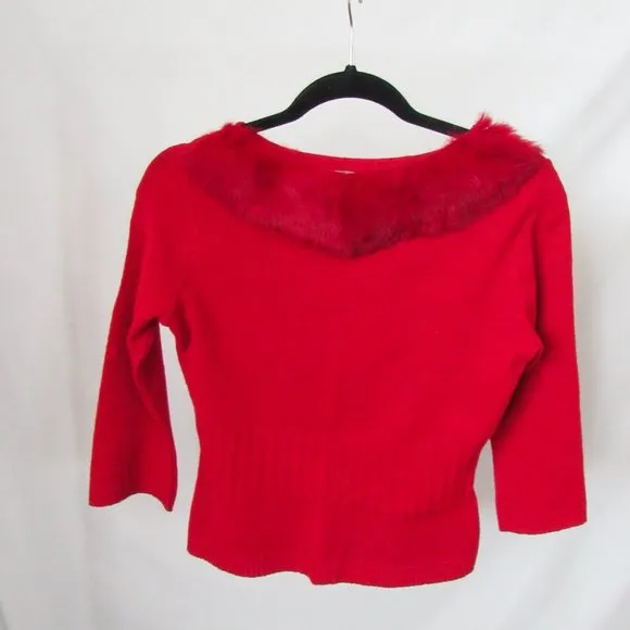 VINTAGE Red Fur Collar Knit Sweater Cropped 3/4 Sleeves Real Rabbit Fur Size-M