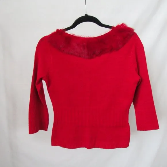 VINTAGE Red Fur Collar Knit Sweater Cropped 3/4 Sleeves Real Rabbit Fur Size-M