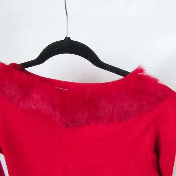 VINTAGE Red Fur Collar Knit Sweater Cropped 3/4 Sleeves Real Rabbit Fur Size-M