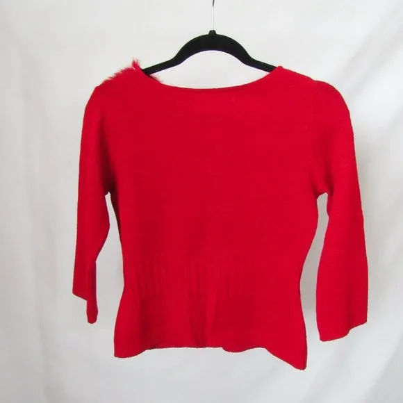 VINTAGE Red Fur Collar Knit Sweater Cropped 3/4 Sleeves Real Rabbit Fur Size-M