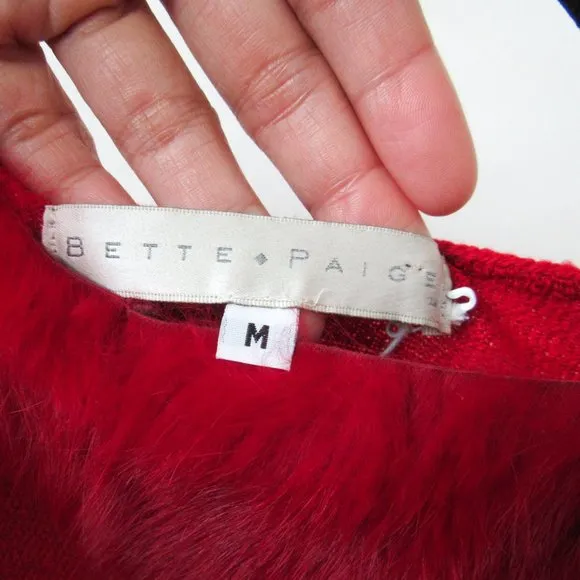 VINTAGE Red Fur Collar Knit Sweater Cropped 3/4 Sleeves Real Rabbit Fur Size-M