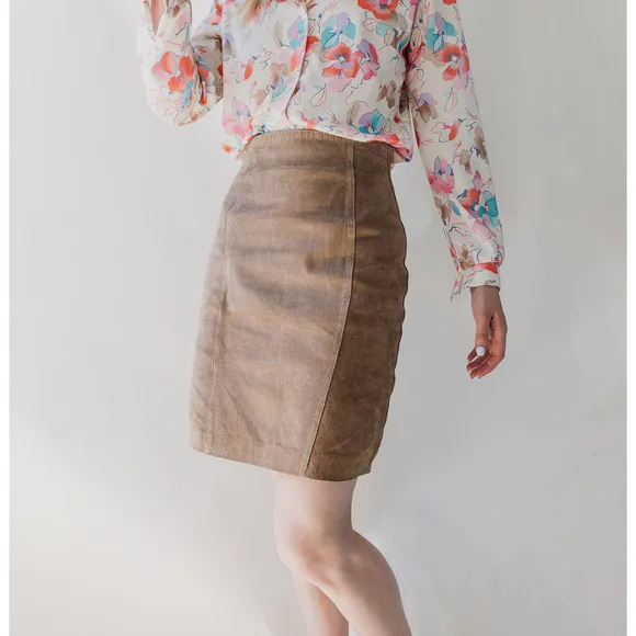 Vintage Tan Suede Pencil Skirt Copper Key 5