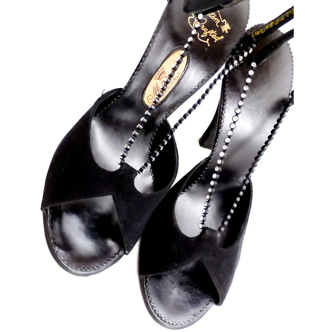 VTG Evening Heels Shoes  Marquise Black Suede Peep-Toe Pumps Womens 7A 1950s