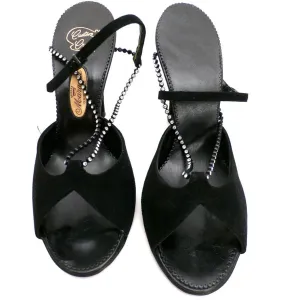 VTG Evening Heels Shoes  Marquise Black Suede Peep-Toe Pumps Womens 7A 1950s