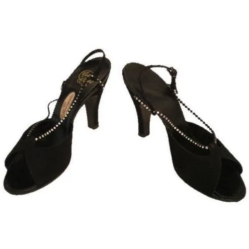 VTG Evening Heels Shoes  Marquise Black Suede Peep-Toe Pumps Womens 7A 1950s