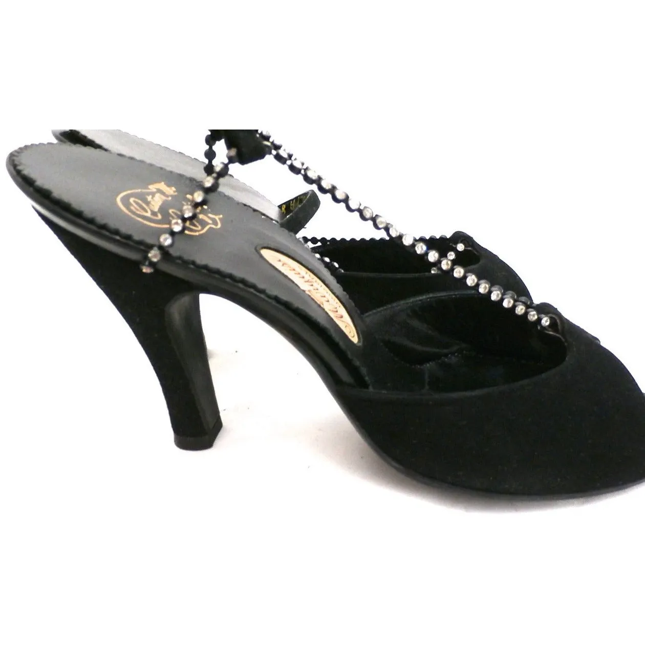 VTG Evening Heels Shoes  Marquise Black Suede Peep-Toe Pumps Womens 7A 1950s